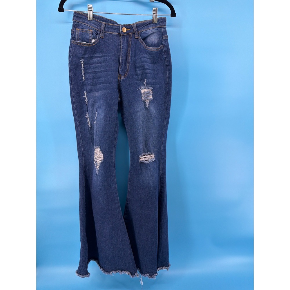 Distressed High Waisted Flare Jeans Dark Wash Raw Hem Bell Bottom Denim Small
